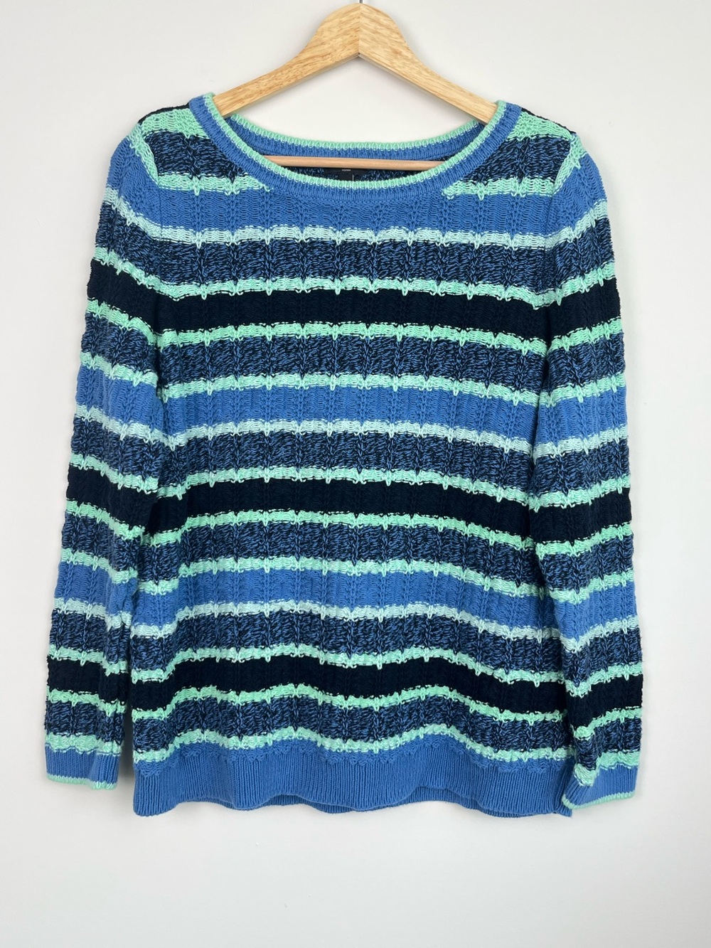 Talbots 100% cotton loose knit blue & light green knit crewneck sweater, 1X.